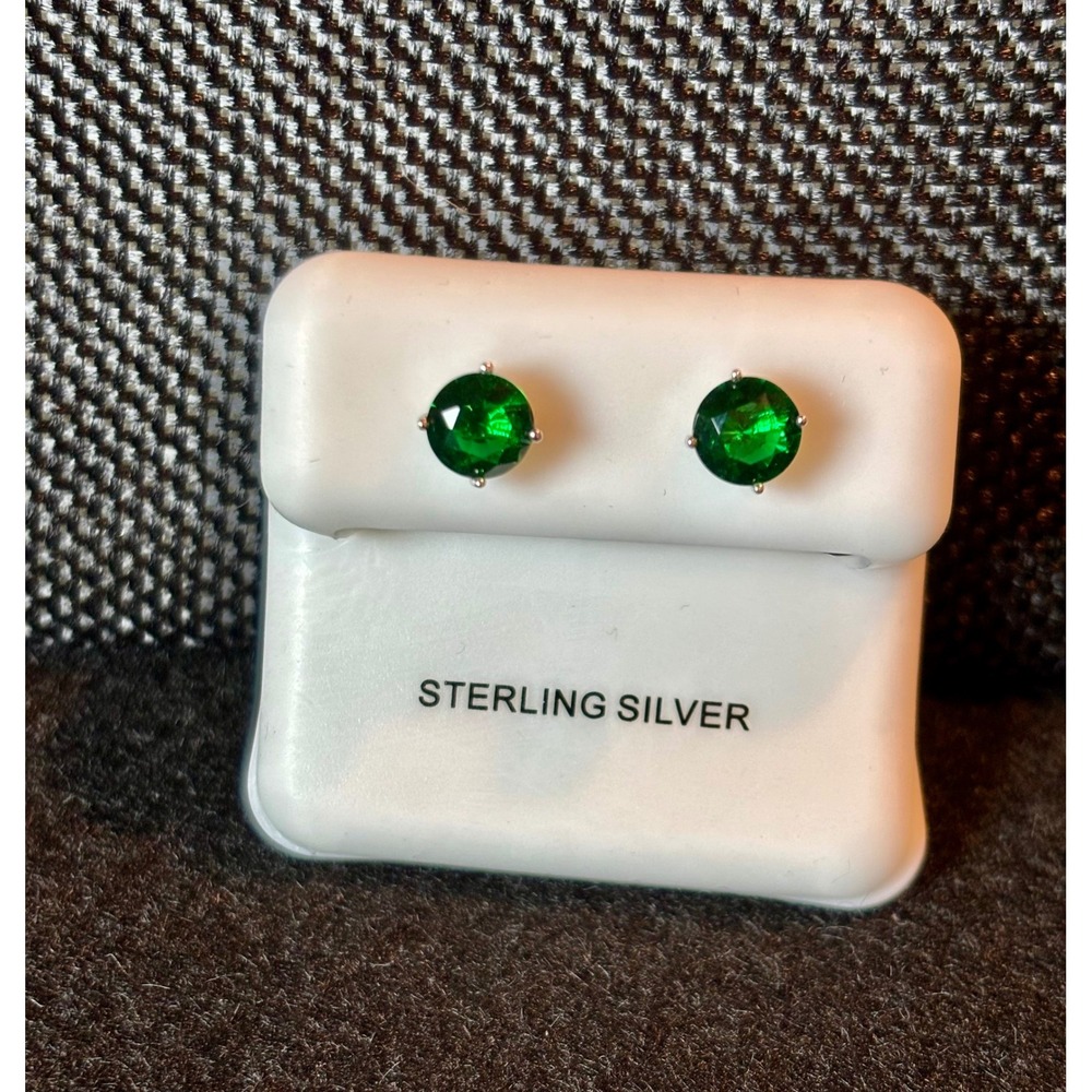 Sterling Silver Green Solitaire Stud Earrings Round 7mm Brilliant Cut Jewelry